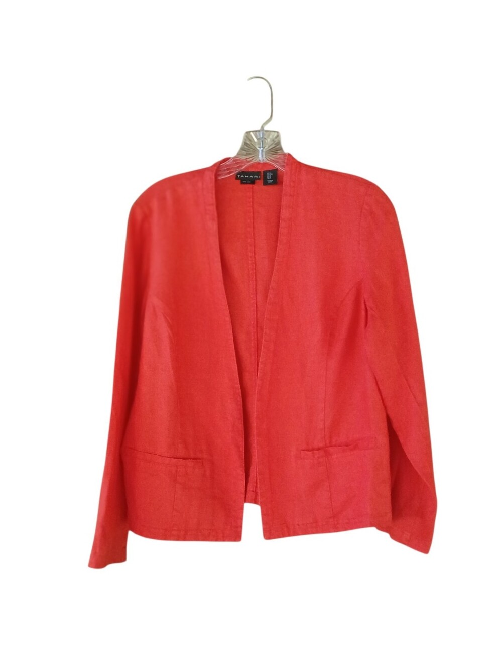 Tahari Tomato Red Open Front Linen Blazer Small